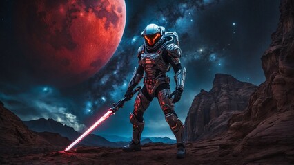 Fototapeta premium a astronaut in a suit with a sword on the background of the moon