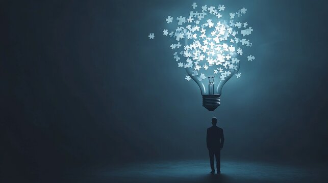Lightbulb composed of interlocking puzzle pieces floating above a business leader, representing creative solutions and innovation in modern business