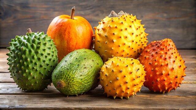 Vibrant orange and yellow hues of gooi fruit, also known as guanabana, soursop, or graviola, arranged artfully on