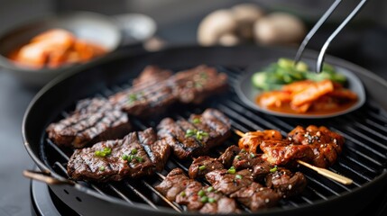 A Korean BBQ spread with marinated meats, vegetables, and kimchi sauce.