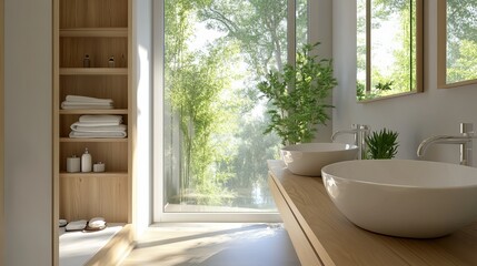Fototapeta premium The bathroom has two fancy sinks on a wooden counter, big mirrors, and a large window with lots of light.