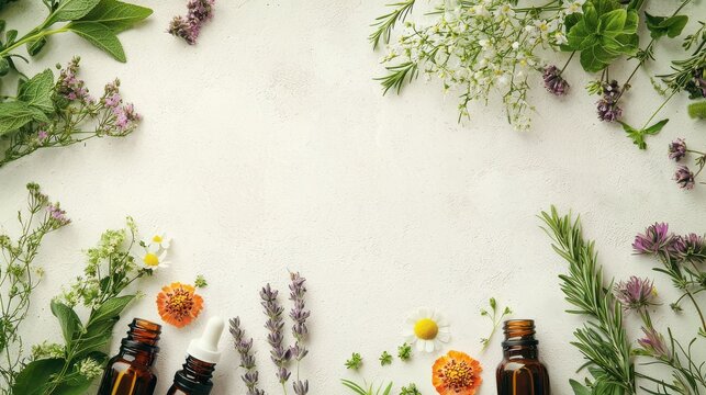 Holistic healing objects like healing herbs and essential oils scattered across a white table, set against a soft pastel background for presentation designs