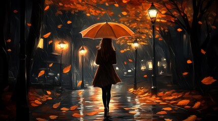 A woman holding an orange umbrella walks down a rainy, leaf-covered city street at night, under streetlights illuminating the wet pavement creating a serene, autumn ambiance.