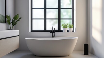 Fototapeta premium A modern bathroom featuring a sleek, white freestanding bathtub, large window with natural light, small plants, and minimalistic design elements in neutral tones.