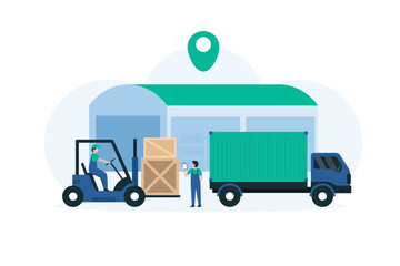 Forklift Loading Pallets in a Bus.Distribution Center. Illustration