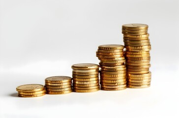 Stacked Gold Coins Forming Upward Graph on White Background