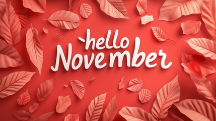 Autumn leaves on red background with hello November in white cursive. seasonal greeting design.
