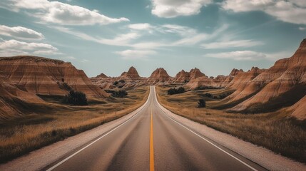 A stunning scene of a deserted, long, straight road stretching through picturesque, layered rock formations under a picturesque blue sky with scattered clouds.