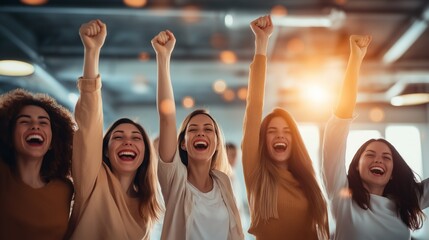 Group of women with raised fists in solidarity, empowerment, or celebration.