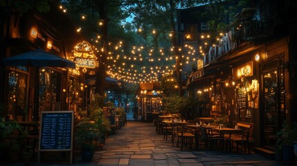 A cozy outdoor restaurant illuminated by string lights, creating a warm and inviting atmosphere.