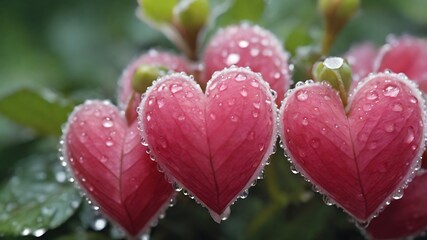 Close-up image of heart-shaped flowers covered in morning dew.