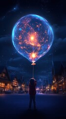 Obraz premium A child holds a glowing balloon, its light guiding them through the dark streets of a quiet town