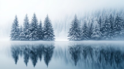 Snow-covered pine tree in serene winter mountain landscape

