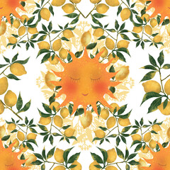 Watercolor seamless pattern with lemons on branches and sun on white background. Cheerful print