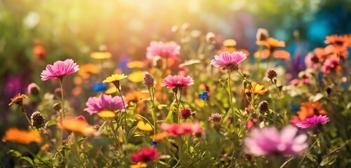 Obraz premium Colorful flower meadow with sunbeams and bokeh lights in summer - nature background banner with copy space - summer greeting card wildflowers spring concept 