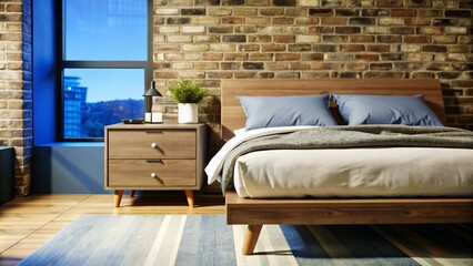 Wooden drawer nightstand near bed with grey fabric headboard. Loft interior design of modern bedroom with brown brick wall.

