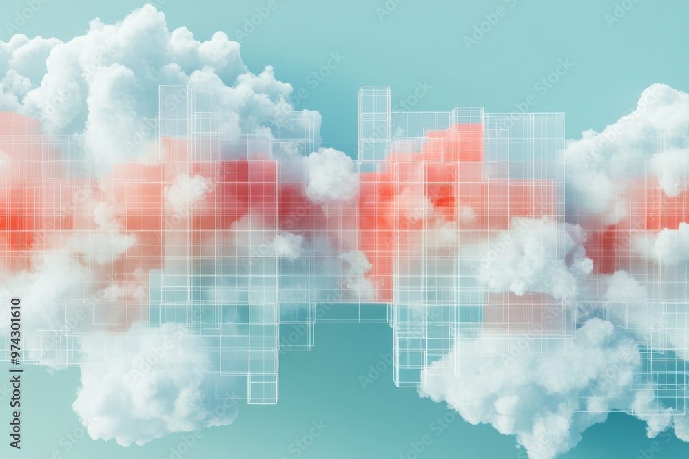 Poster whimsical retro video game day scene with pixel ground and clouds in double exposure style for copy 
