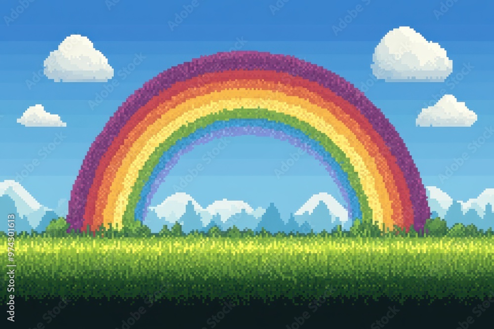 Aufkleber dynamic fusion of pixelated rainbow in vibrant video game world with copy space