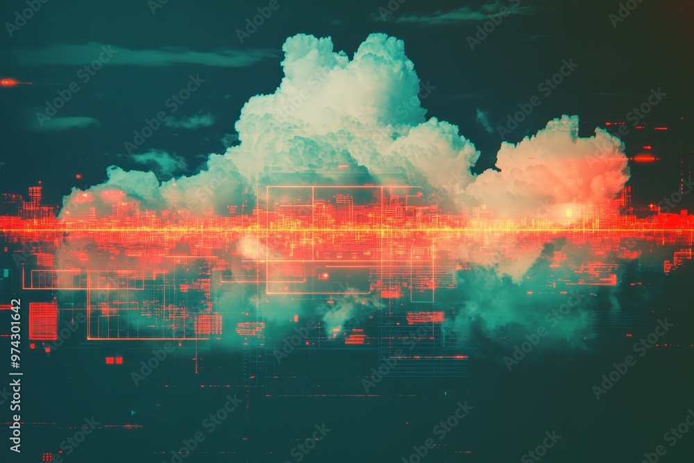 Poster retro video game day dream - minimalistic clouds and pixel ground double exposure with copy space fo