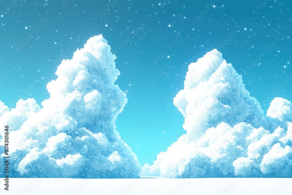 Poster nostalgic retro video game day scene with pixelated ground and whimsical clouds in double exposure s