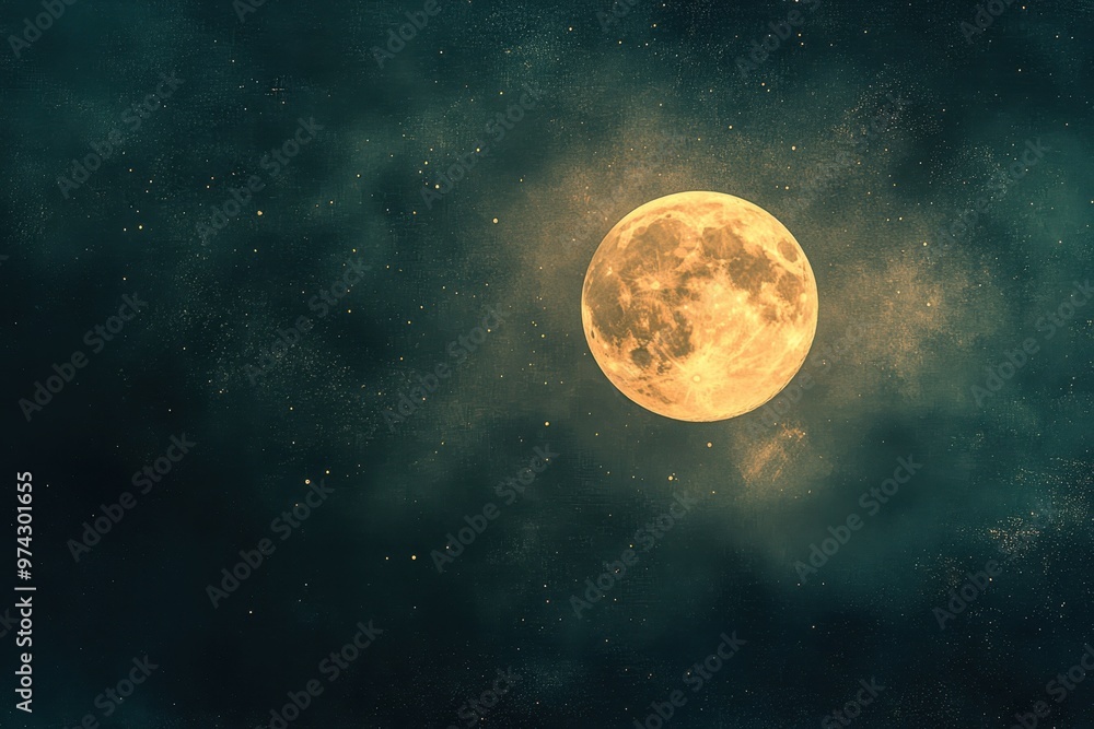 Poster serene 16-bit night sky with pixel moon and simple ground textures in surreal setting with copy spac