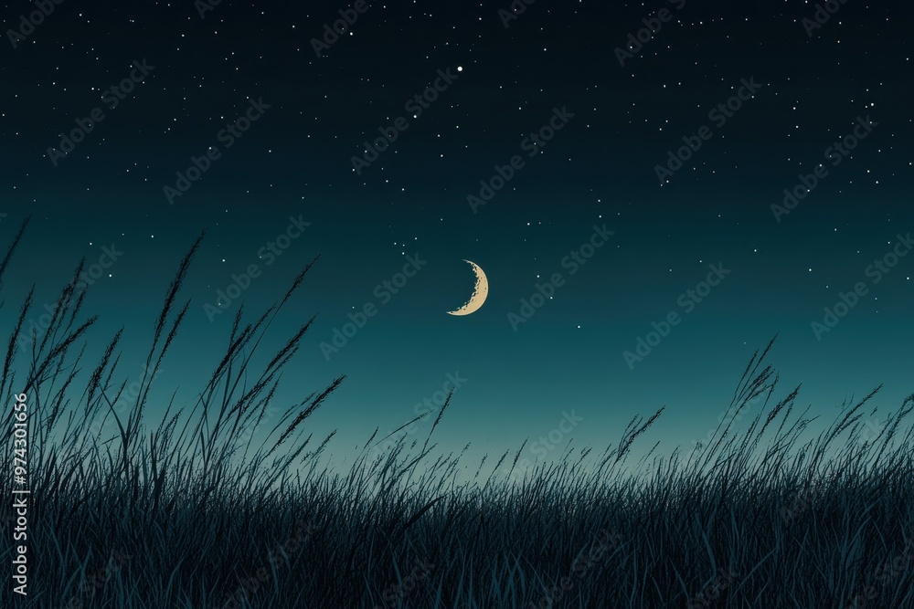 Poster tranquil 16-bit night sky with pixel moon and basic ground textures in surreal overlay finish, copy 