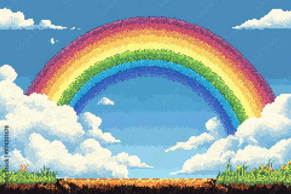 Poster playful retro rainbow pixel art scene with minimalistic clouds and copy space