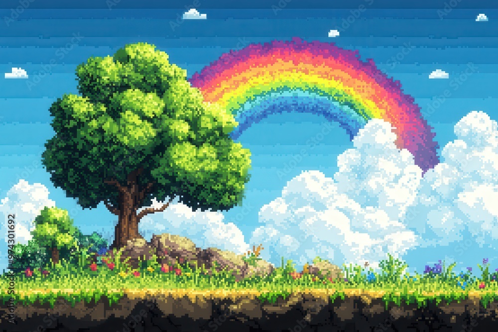 Poster playful retro rainbow pixel art scene with minimalistic clouds and copy space