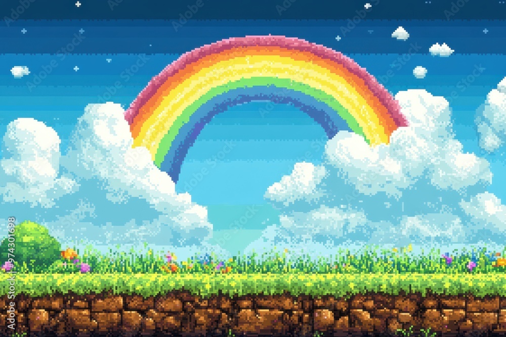 Poster playful retro game scene: rainbow pixel art with minimalistic clouds and vibrant colors on simple gr