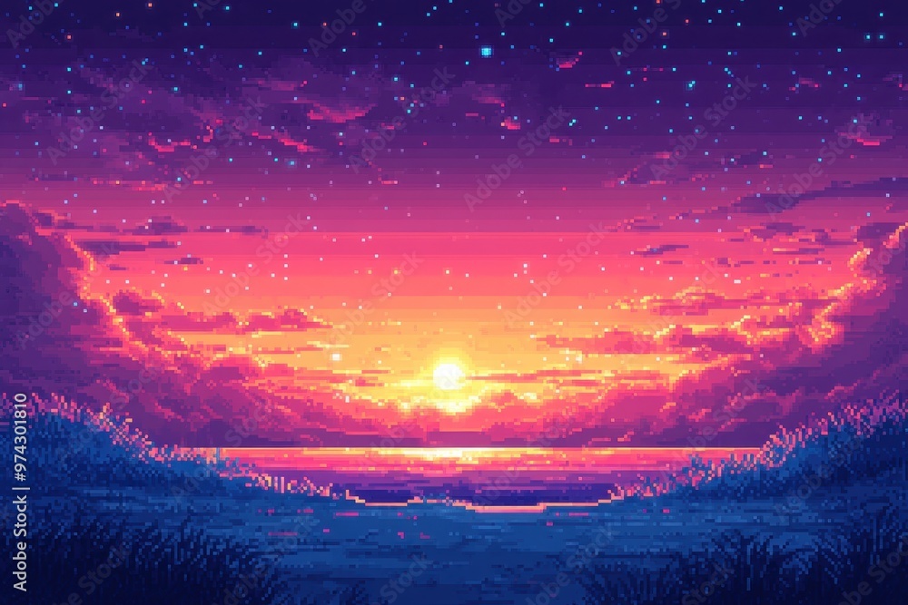 Poster retro 8-bit night sky with pixel stars in surreal fusion technique for copy space design