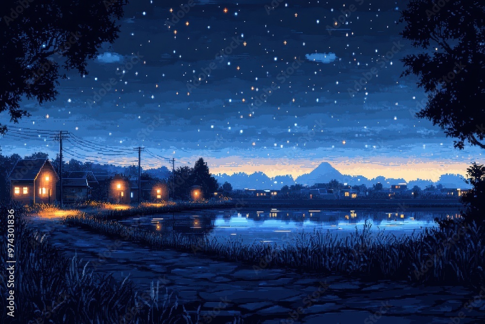 Poster retro 8-bit night sky with pixel stars and surreal fusion groundscape - minimalist pixelated night s