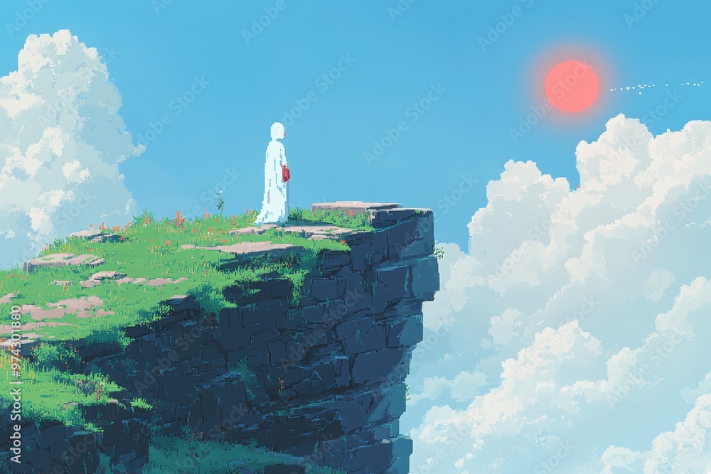 Poster serene pixelated daydream with double exposure effect and copy space in 16-bit game world
