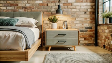 Wooden drawer nightstand near bed with grey fabric headboard. Loft interior design of modern bedroom with brown brick wall.
