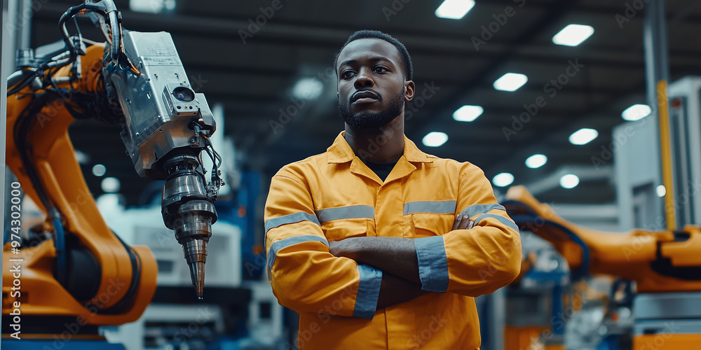 Poster an african american engineer stands at an automated robotic machine in a factory. repairman for weld