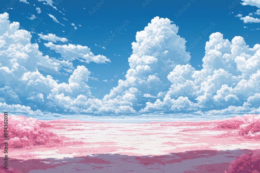 Poster retro pixel landscape with clouds and copy space | whimsical 8-bit sky composite background