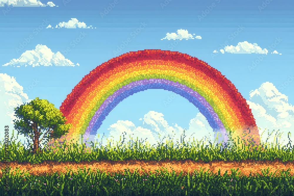 Poster simplified rainbow with pixel clouds in peaceful video game setting | surreal fusion style with copy