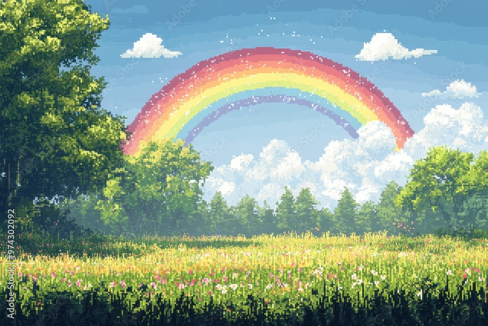 Poster tranquil fusion of simplified rainbow and pixel clouds in a surreal video game landscape with copy s