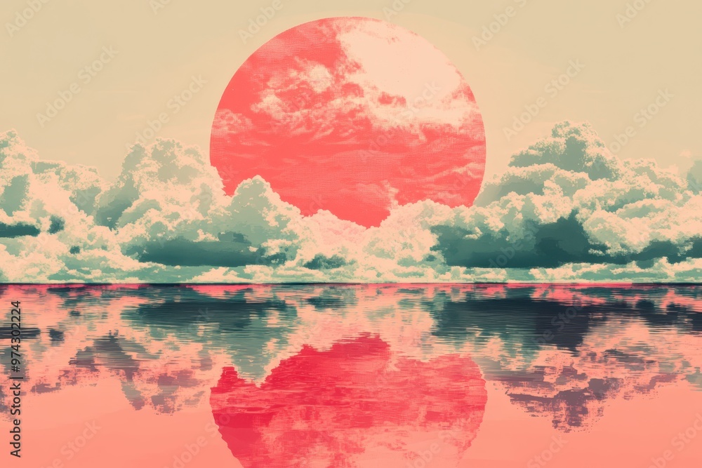 Poster pixel sun and minimalistic clouds in surreal retro game world with copy space | double exposure illu