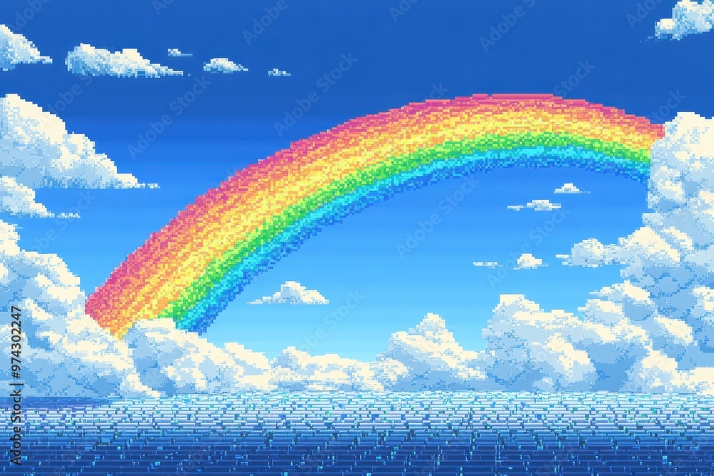 Poster pixelated rainbow in 16-bit landscape with copy space | abstract fusion technique artwork in playful