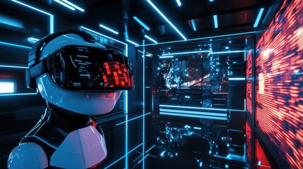 Futuristic Virtual Reality Simulation in Neon-Lit Environment