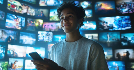 A man holds his phone in front of him, surrounded by screens displaying various video content on the internet. The background is filled with multiple digital images