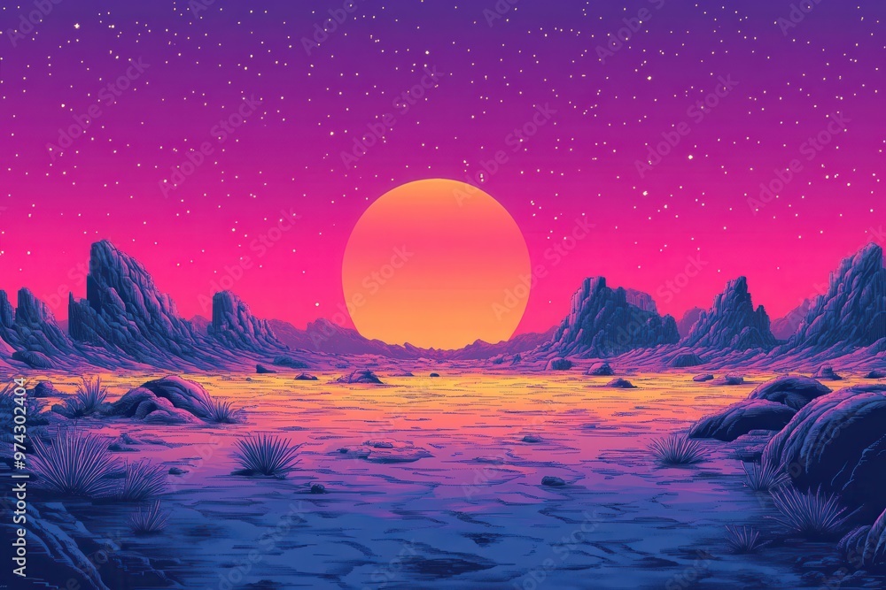 Poster pixelated dreams: retro game night sky with minimalistic design and whimsical manipulation effect