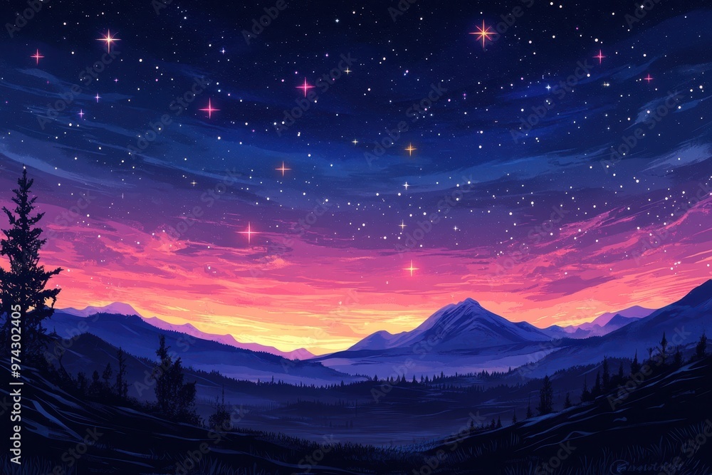 Poster pixelated night sky with minimal ground textures in retro game night setting with whimsical manipula