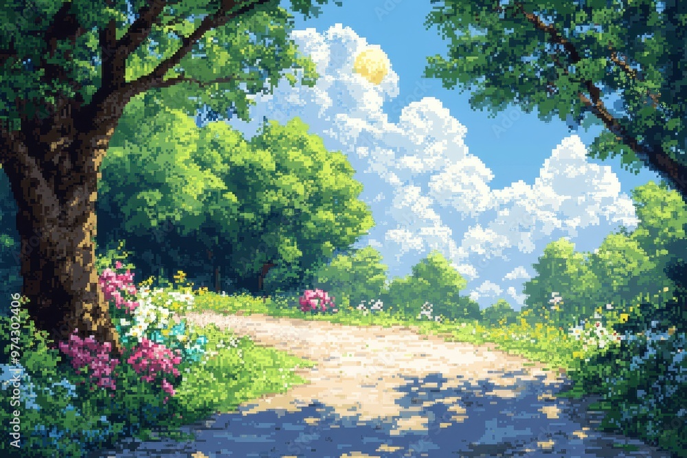 Poster abstract 16-bit pixelated day scene with sun and copy space in surreal overlay technique
