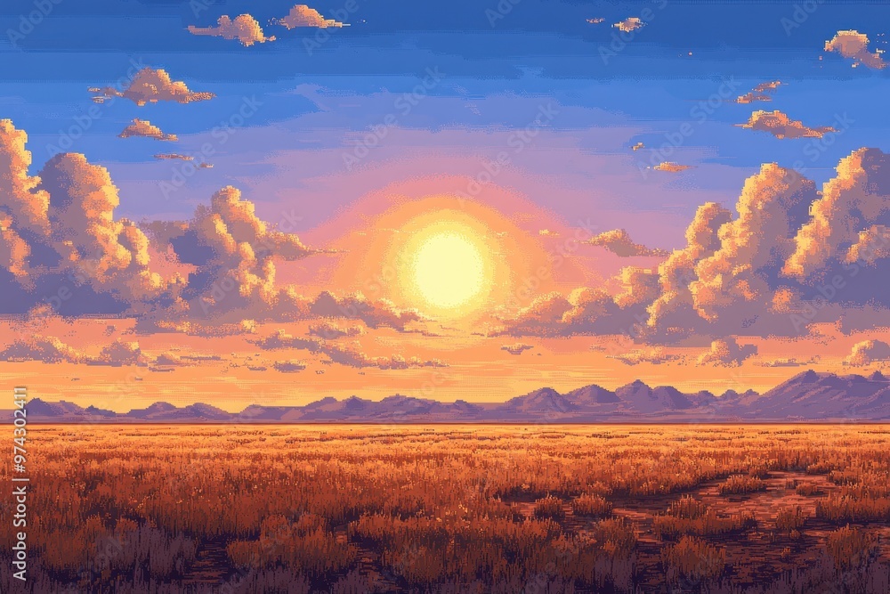 Aufkleber pixelated sun over simple ground in peaceful 16-bit world with copy space - surreal overlay techniqu
