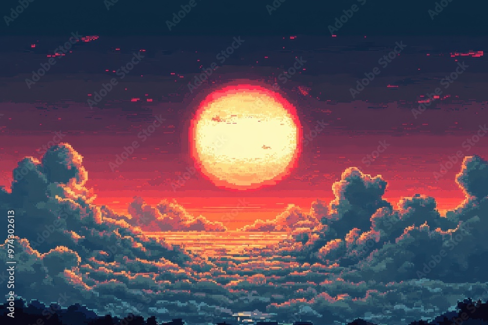Aufkleber pixel sun and basic clouds in peaceful retro game world | surreal manipulation style day scene with 