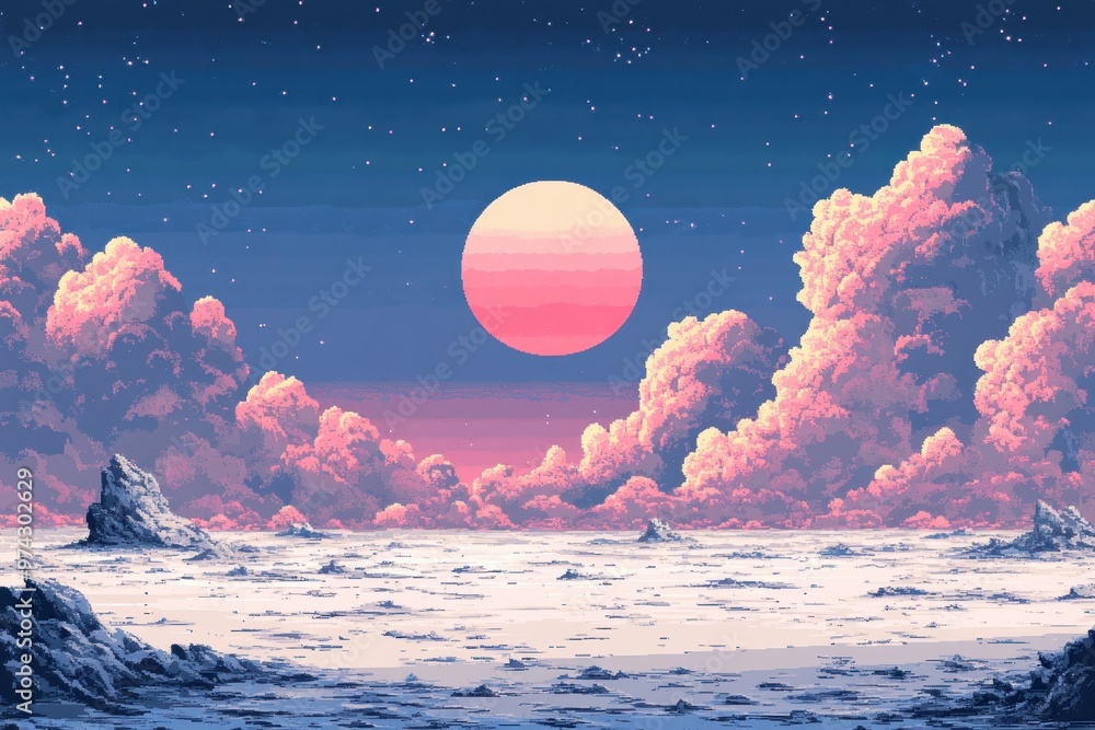 Poster tranquil pixelated day scene with retro game aesthetics and surreal manipulation style creating peac