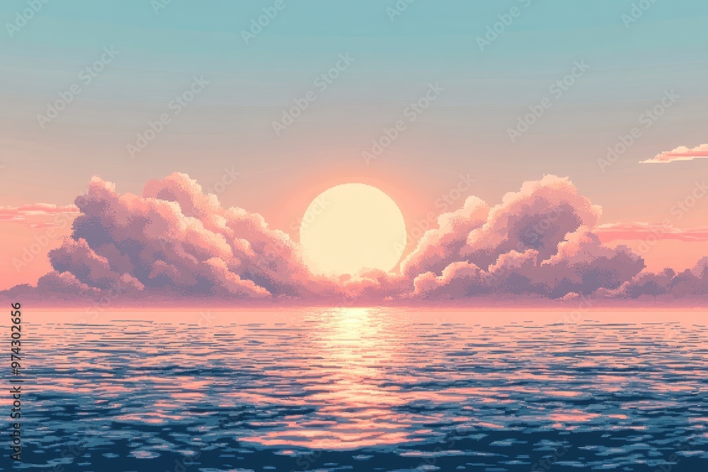 Poster pixel sun and basic clouds in a retro game world - surreal manipulation scene with copy space