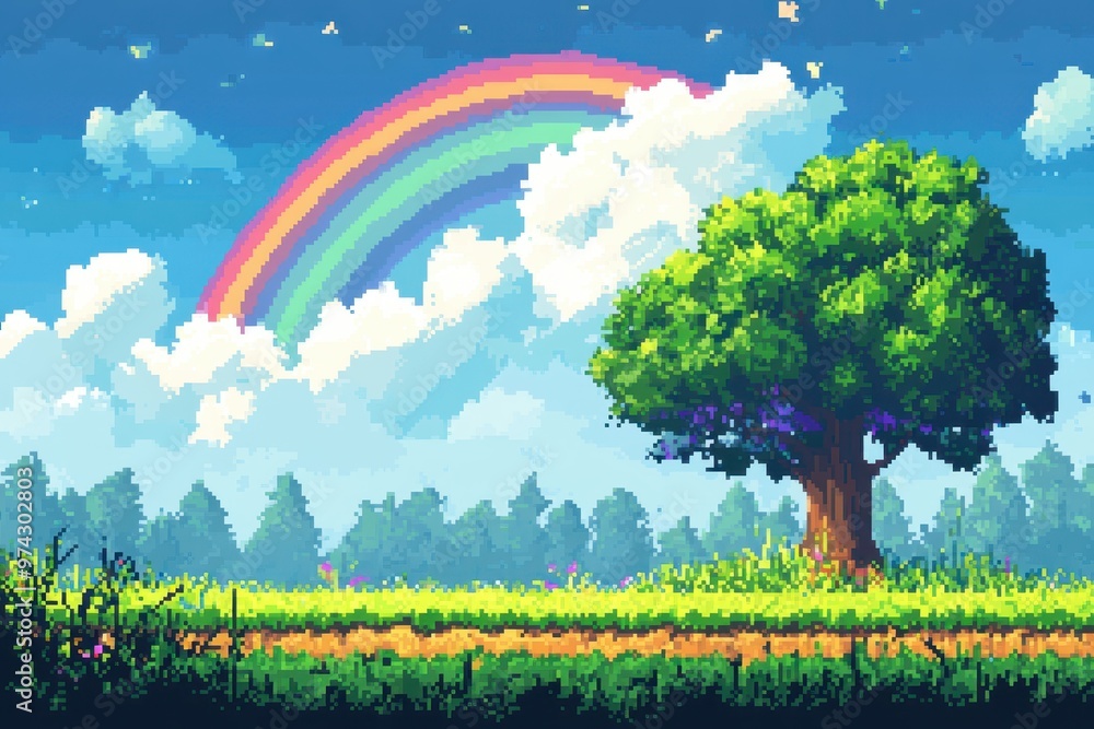 Poster serene 8-bit pixel landscape with rainbow and copy space in fusion finish