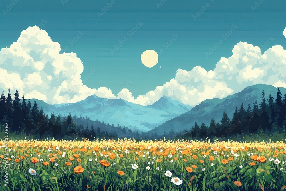 Poster peaceful retro pixel day scene with surreal finish for 16-bit game world copy space